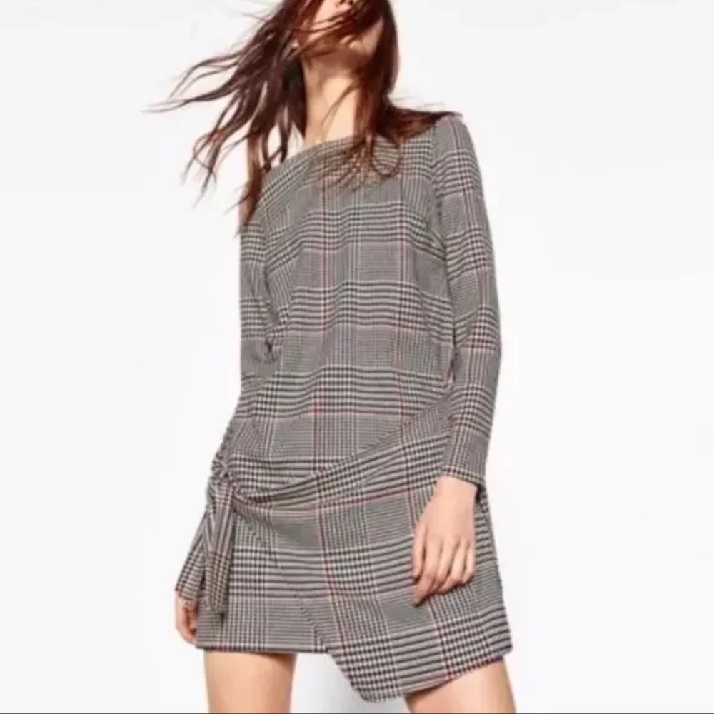 ZARA l Houndstooth Knot Tie Mini Plaid Red Black White Dress Sz. Small